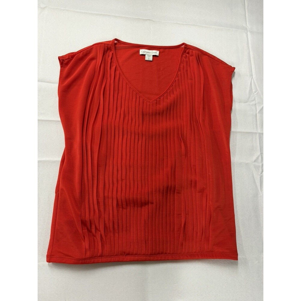 Coldwater Creek Blouse Red V-Neck Vertical Front Pleated Cap Sleeve Top Sz S